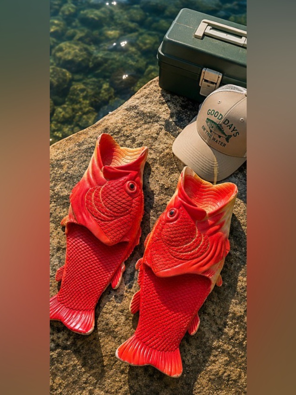 Rivers Edge Fish Flop Sandals Red Rubber Open Mouth Bass Slides Men’s 11/12